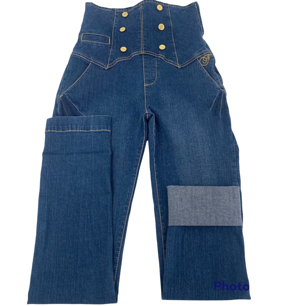 Fabulosity Women's Size 5 High Waisted Buttons Denim Jeans  Blue Flip Cuffs Y2K